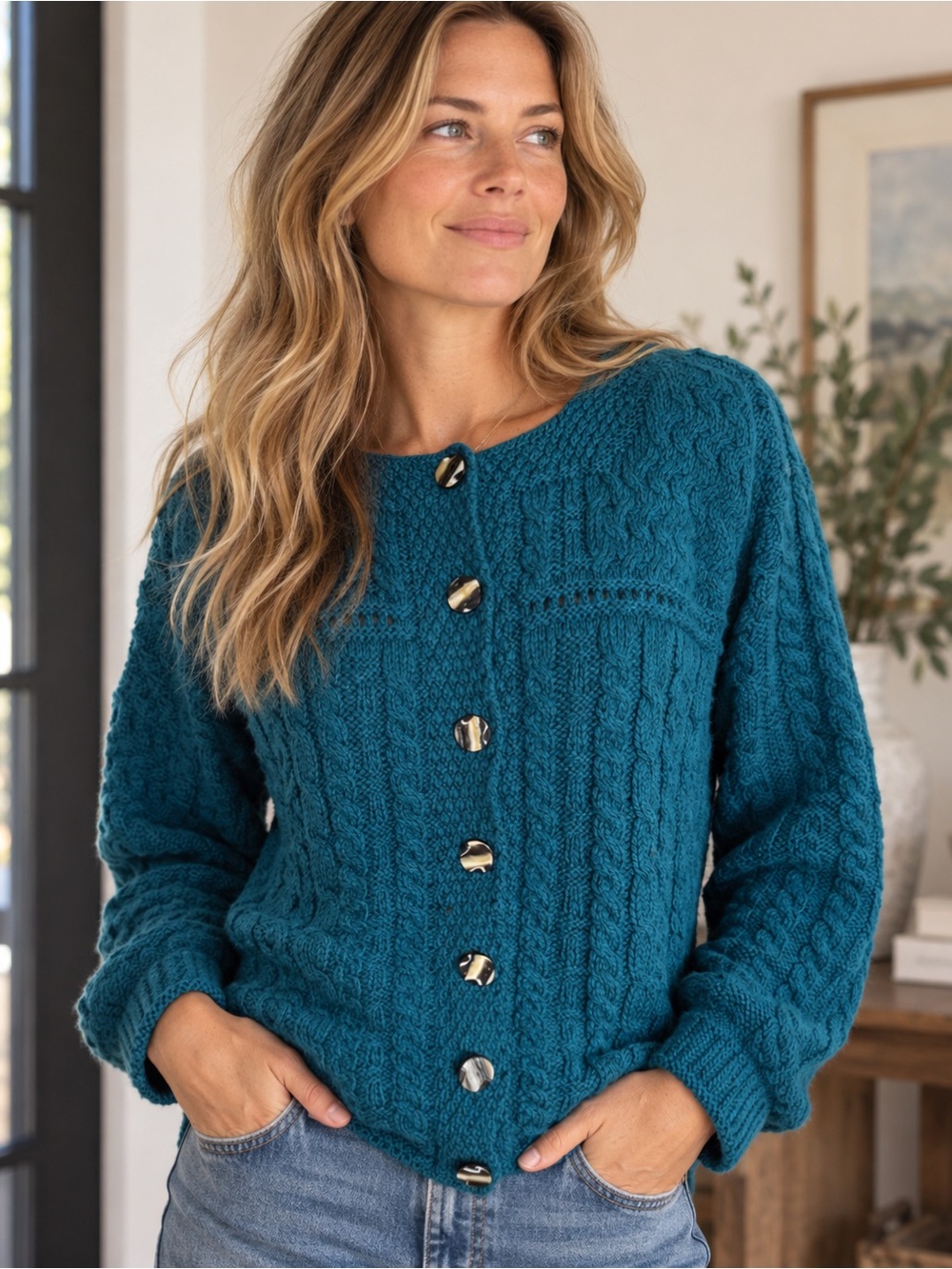 Carraig Donn sz L merino wool Irish Teal Cable Knit Button Cardigan Sweater